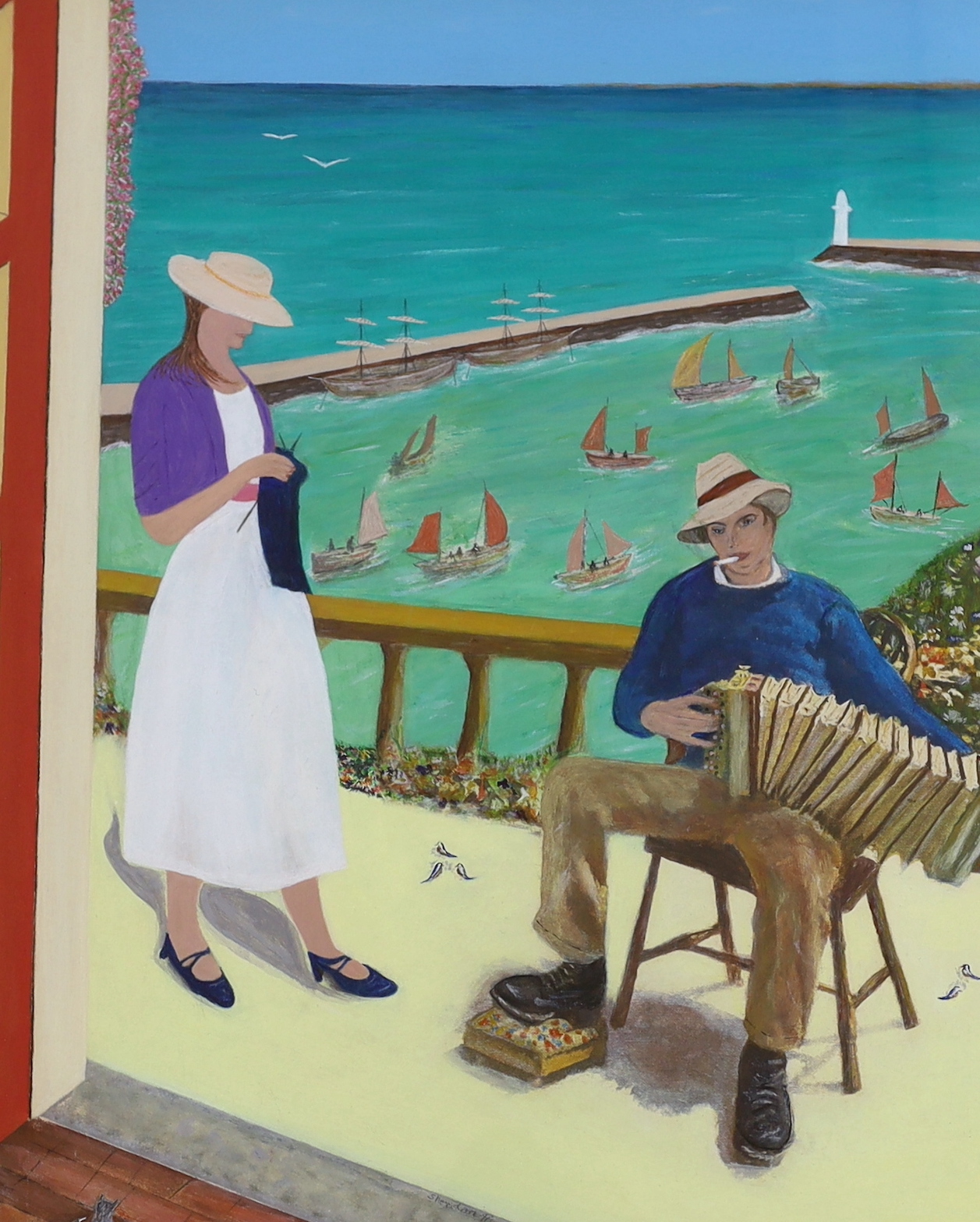 Sheridan (Modern British), oil, Couple on veranda before a harbour, signed, 55 x 45cm